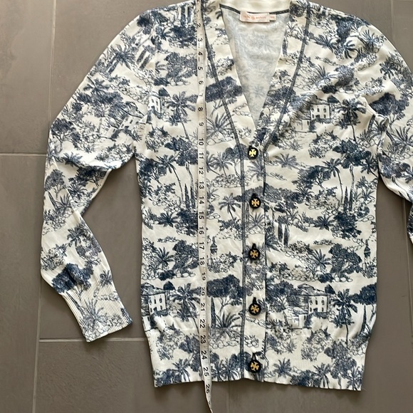 Tory Burch tropical print navy blue white/cream cotton cardigan - Picture 9 of 17